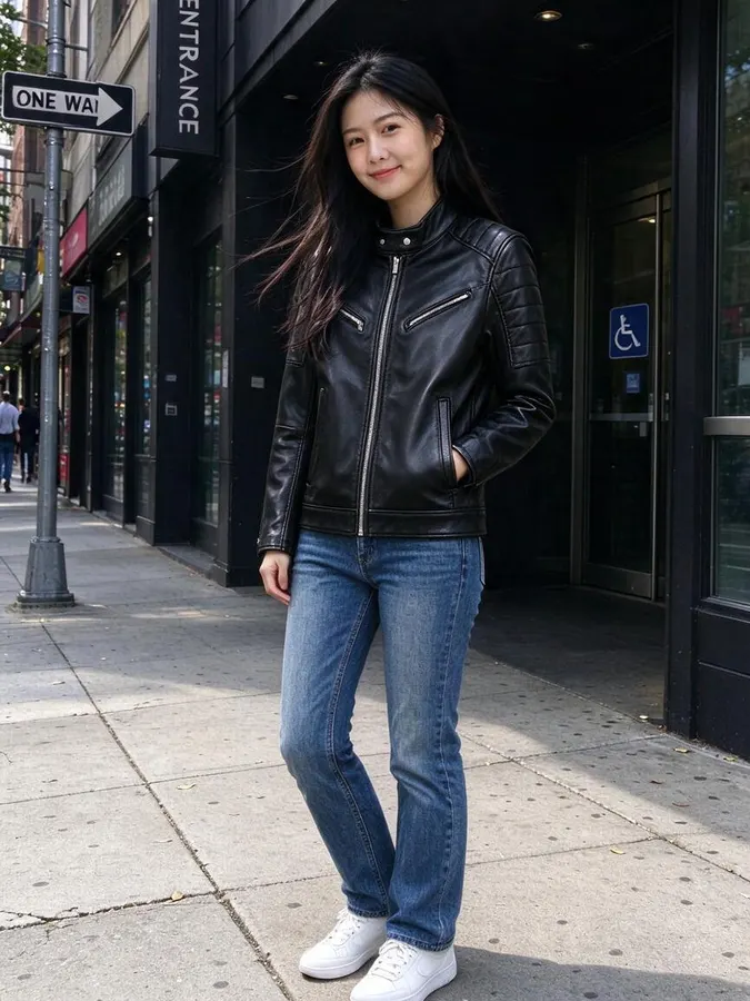 AI Clothes Swapper: Black leather biker jacket – After