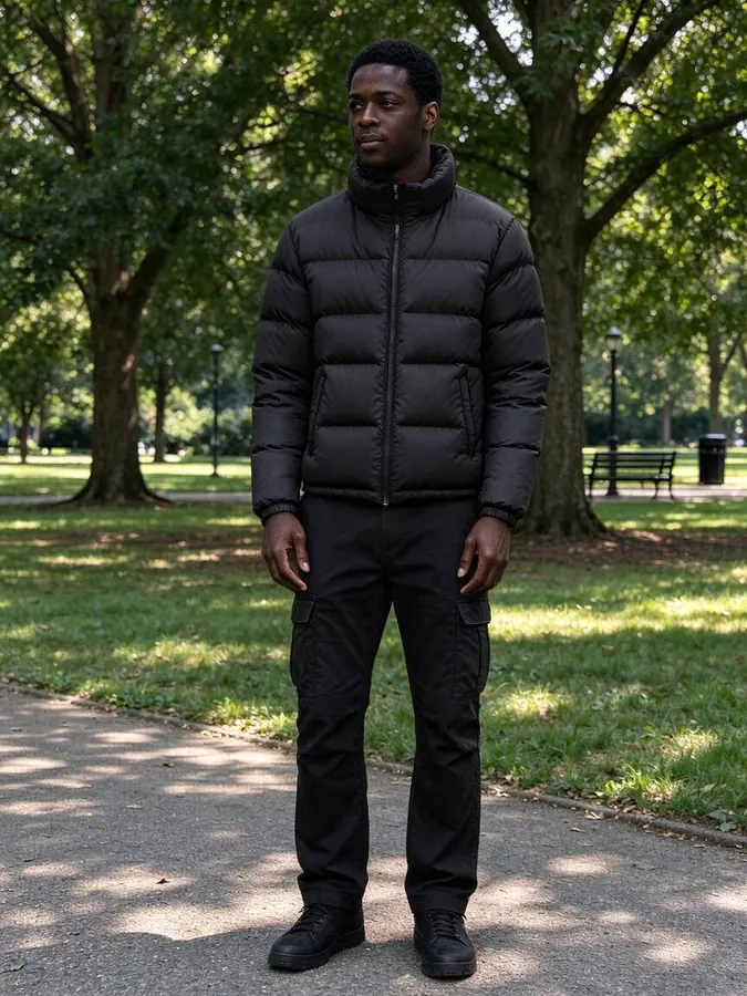 AI Clothes Swapper: Black puffer jacket and cargo pants – After