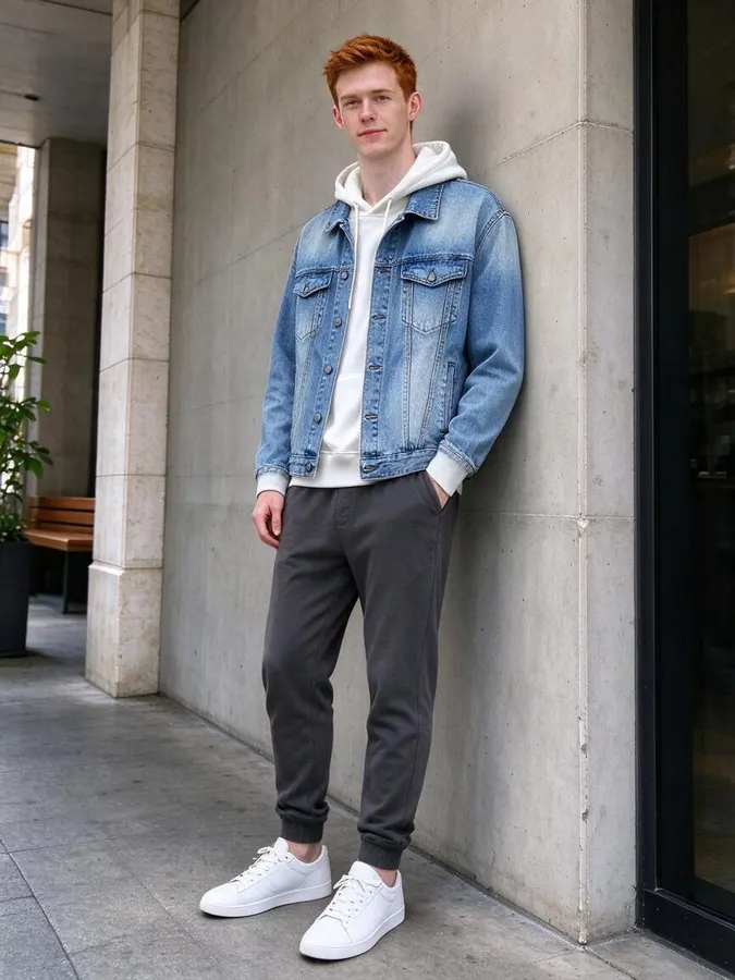 AI Clothes Swap: Denim jacket over a white hoodie – After